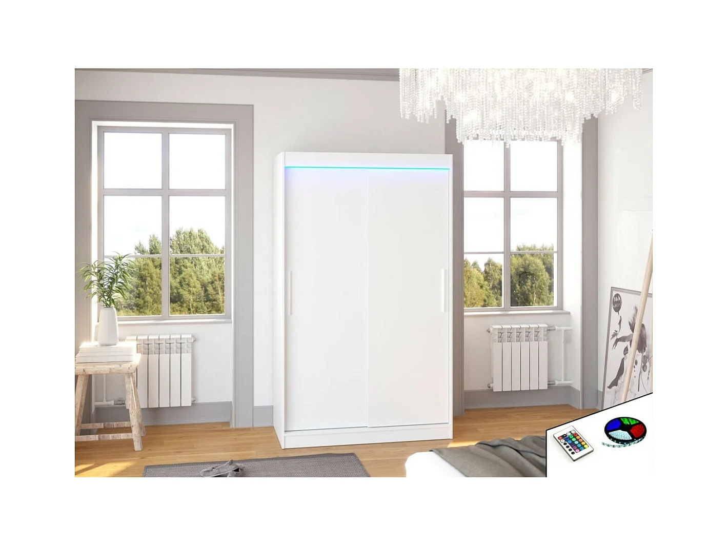 Armadio Ronn (120cm)/ante scorrevoli/LED/Bianco