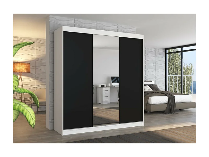 Armoire Lima (200cm)/Miroir/Portes coulissantes/Blanc&Noir