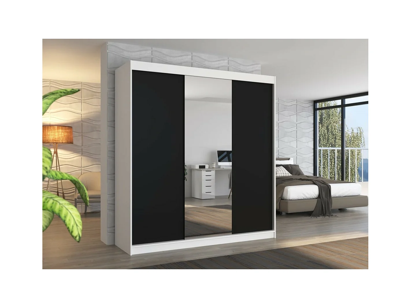 Armoire Lima (200cm)/Miroir/Portes coulissantes/Blanc&Noir