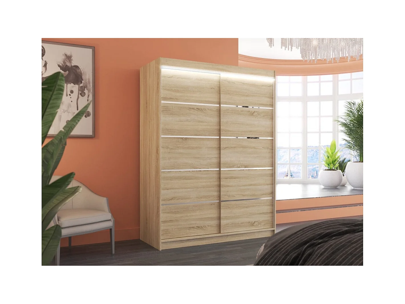 Armadio Soro (150cm)/ante scorrevoli/LED/Sonoma