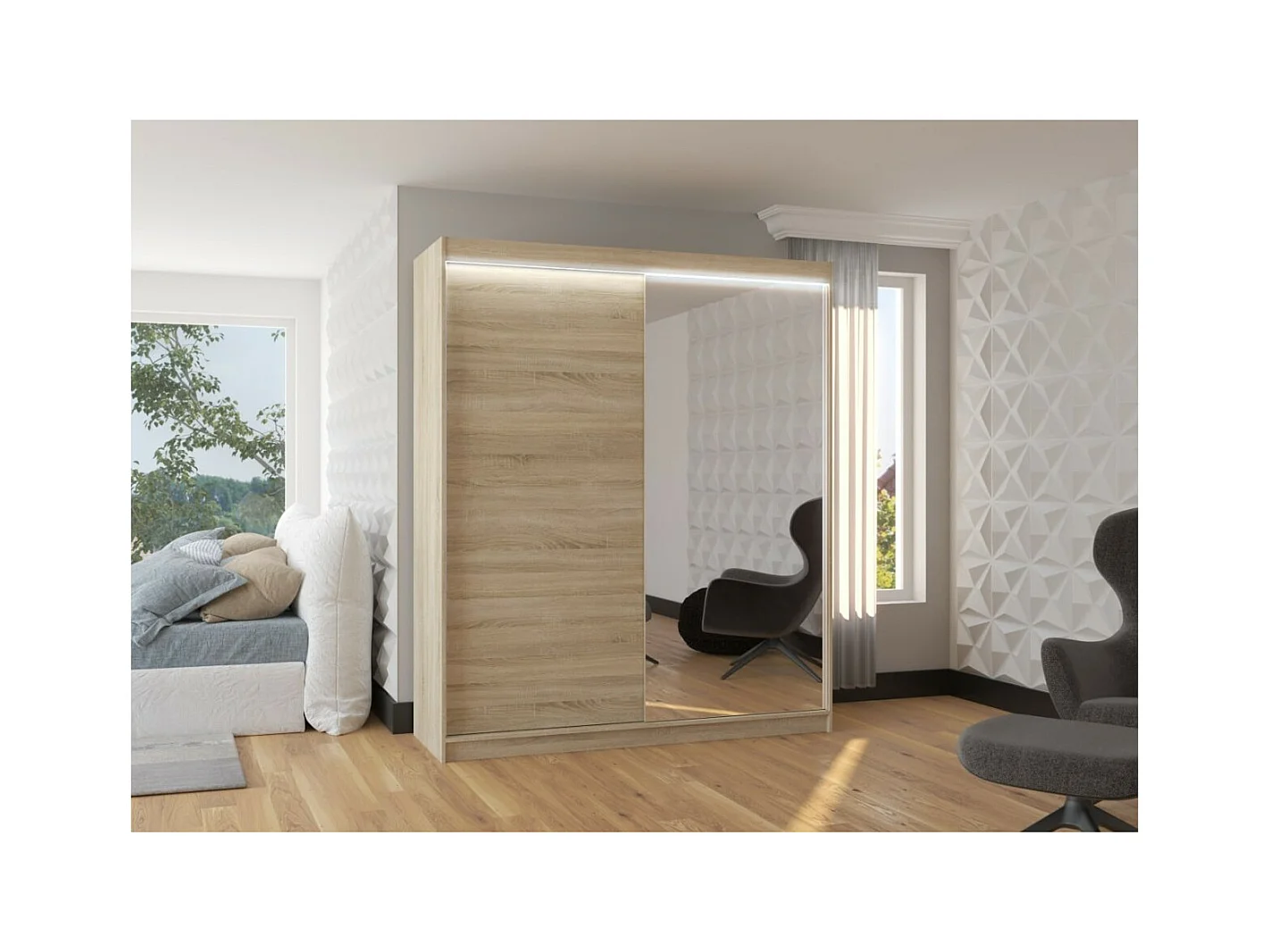 Armadio Vigi (180cm)/Specchio/LED/Ante scorrevoli/Sonoma