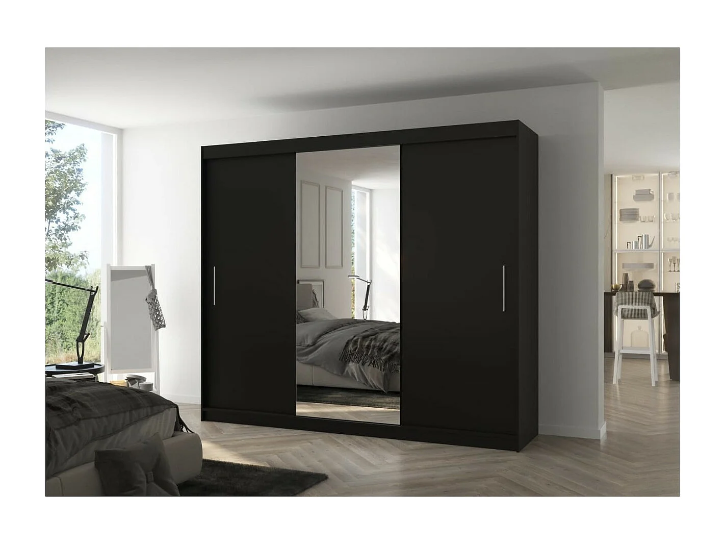 Kleiderschrank Bargala (250cm)/Spielgel/Schiebetüren/Schwarz