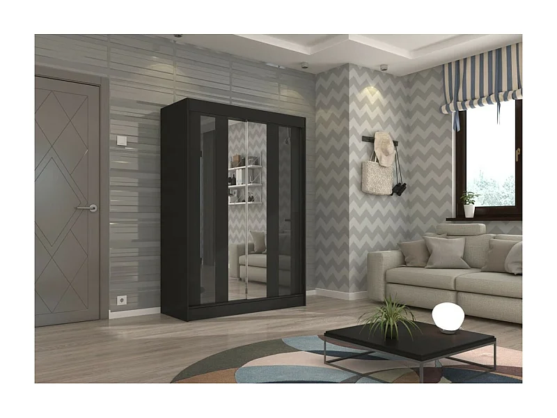 Armoire Kiran (150cm)/Miroir/Portes coulissantes/Noir