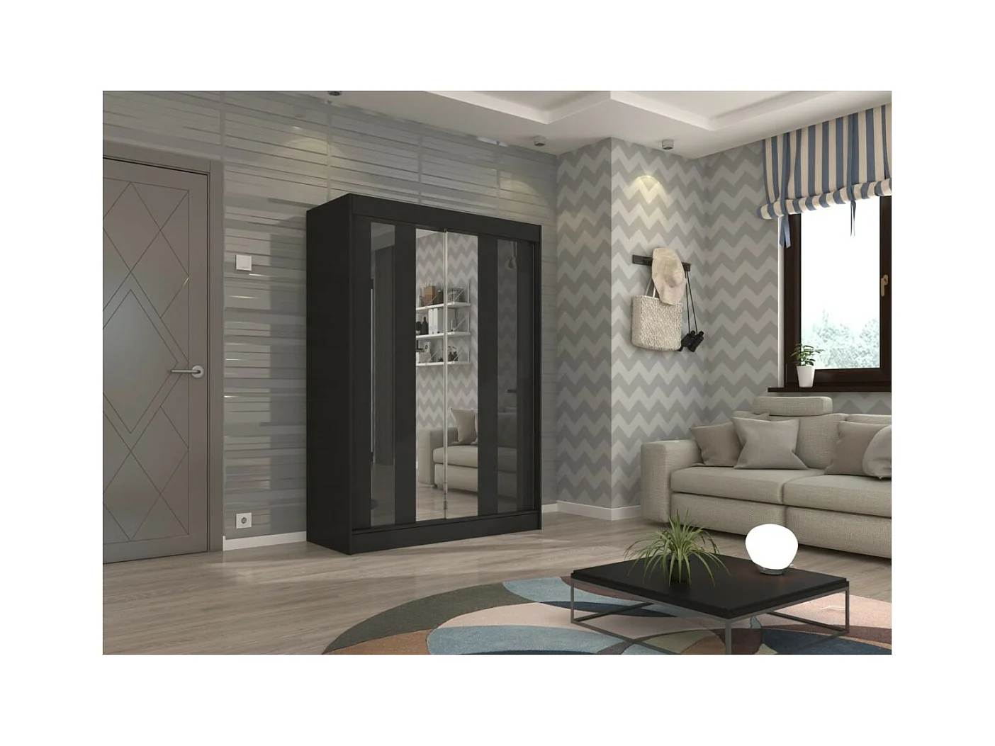 Armadio Kiran (150cm)/Specchio/Ante scorrevoli/Nero