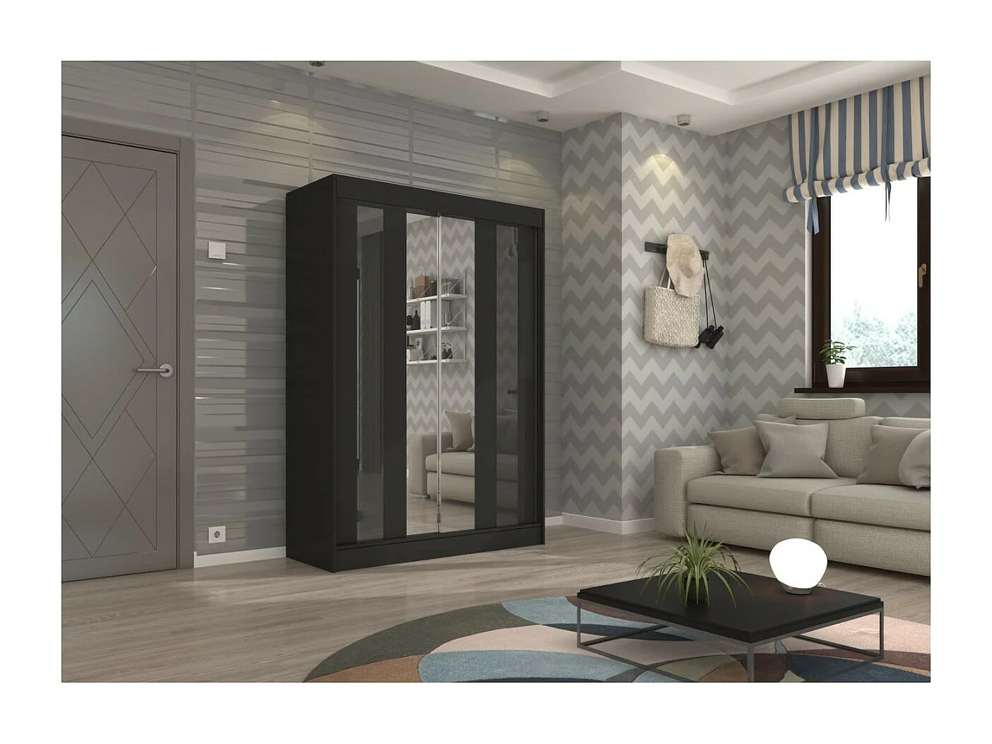 Kleiderschrank Kiran (150cm)/Spiegel/Schiebetüren/Schwarz