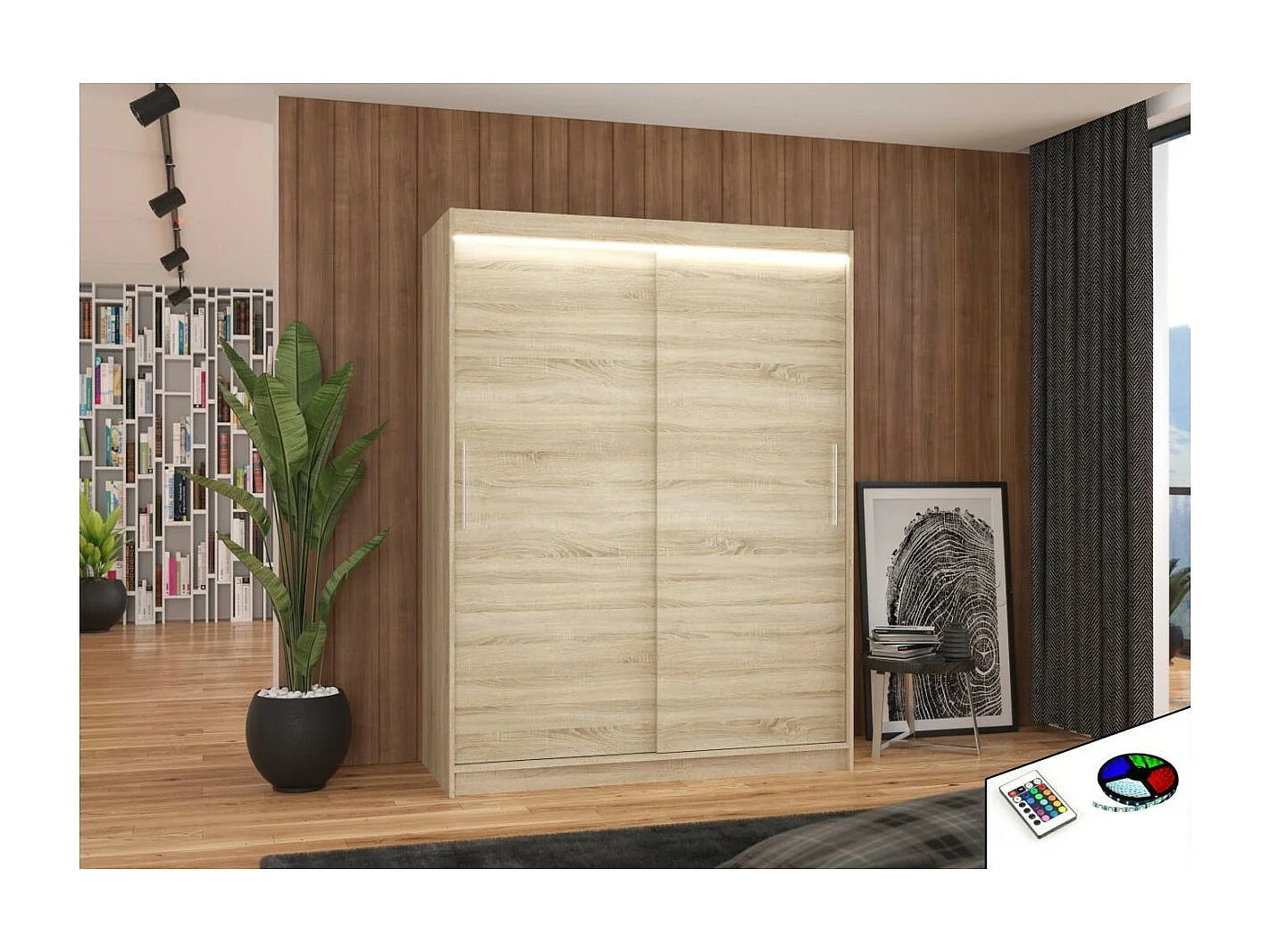 Armadio Lucio (150cm)/ante scorrevoli/LED/Sonoma