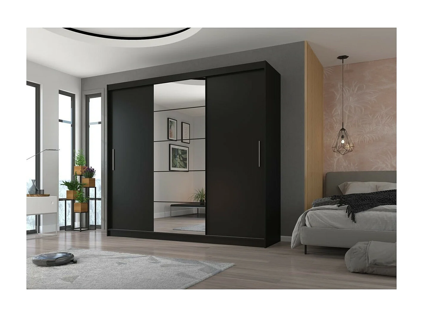 Kleiderschrank Wingo (235cm)/Schiebetüren/Spiegel/Schwarz