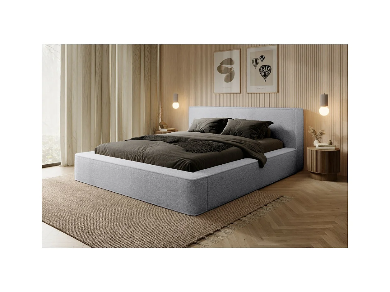 Lit coffre DENALI – Cinza pérola bouclé – 180x200 cm – Tecido de veludo macio – Estrado elevatório – Armazenamento integrado