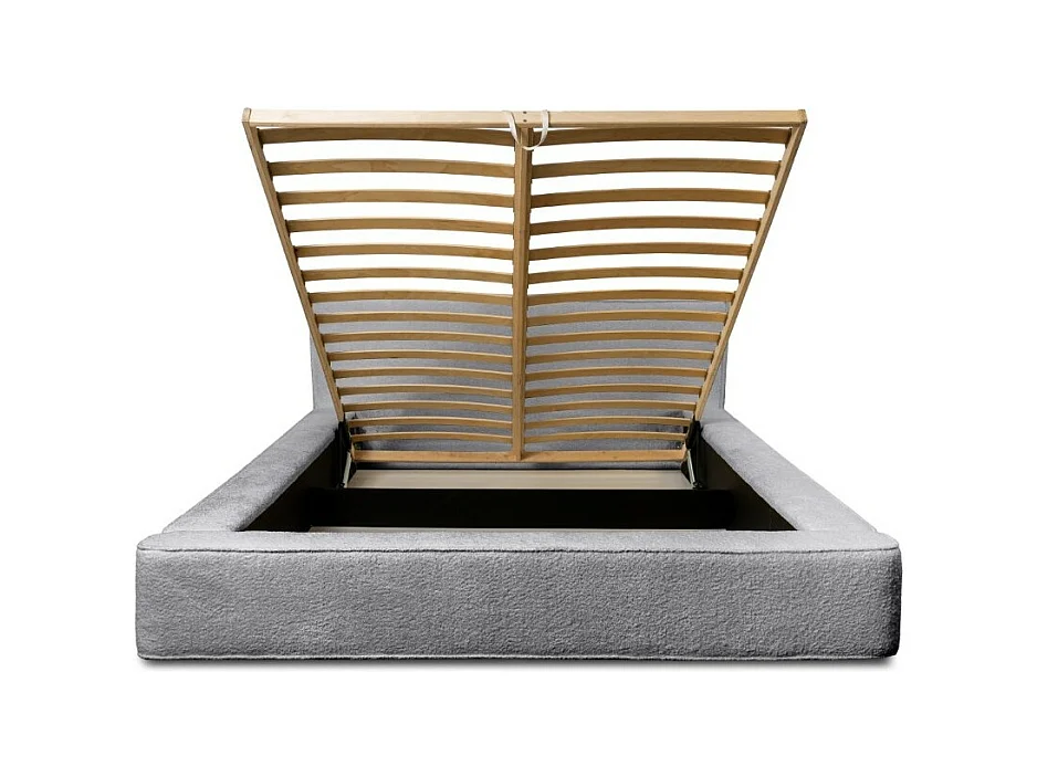 Lit coffre DENALI – Cinza pérola bouclé – 180x200 cm – Tecido de veludo macio – Estrado elevatório – Armazenamento integrado
