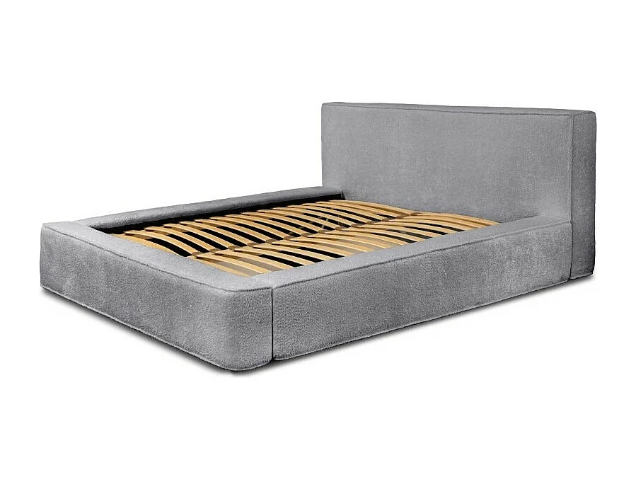 Lit coffre DENALI – Cinza pérola bouclé – 180x200 cm – Tecido de veludo macio – Estrado elevatório – Armazenamento integrado