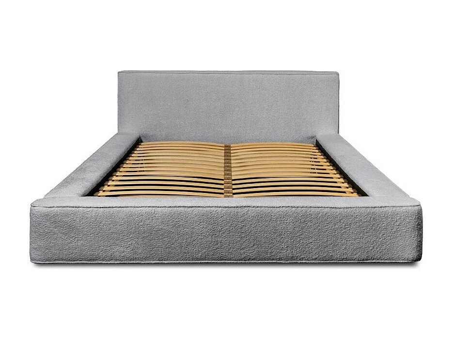 Lit coffre DENALI – Cinza pérola bouclé – 180x200 cm – Tecido de veludo macio – Estrado elevatório – Armazenamento integrado