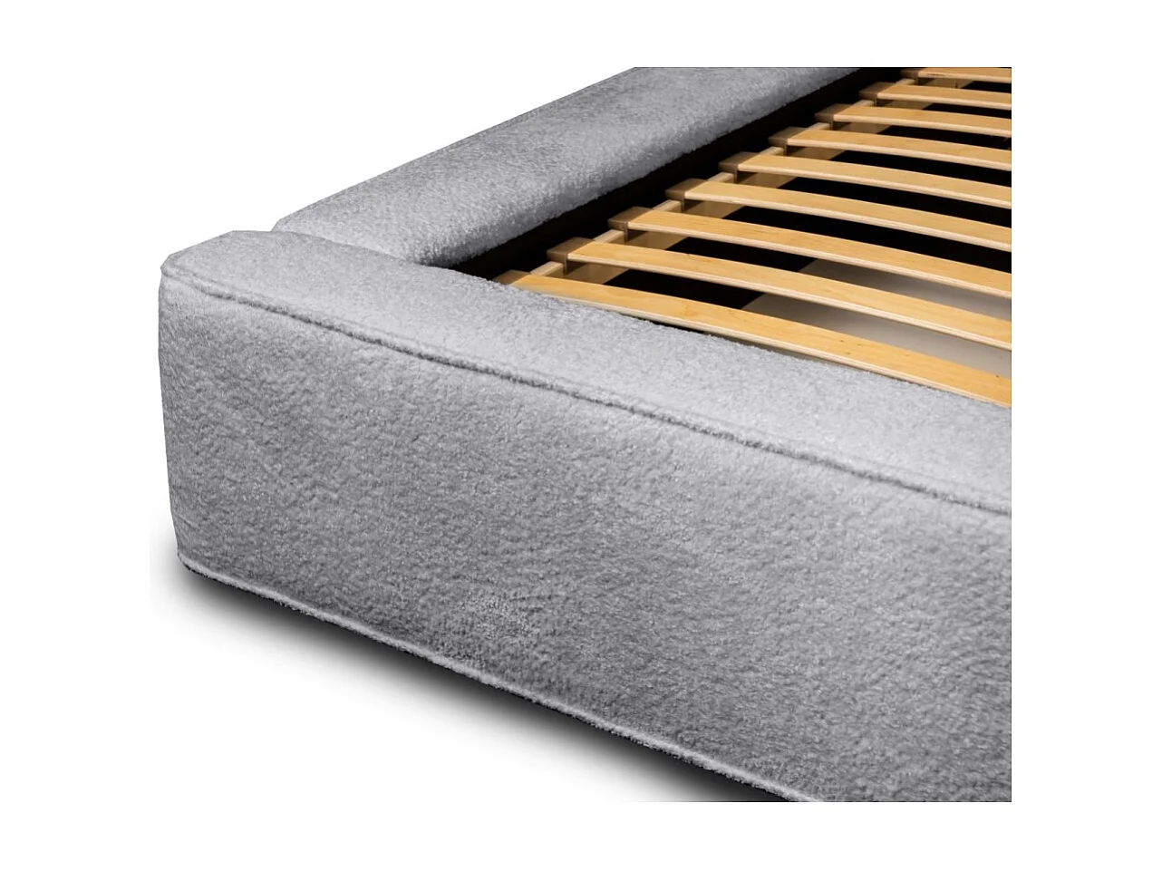 Lit coffre DENALI – Cinza pérola bouclé – 180x200 cm – Tecido de veludo macio – Estrado elevatório – Armazenamento integrado