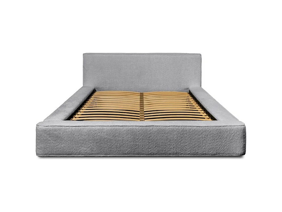 Lit coffre DENALI – Gris perla rizado – 160x200 cm – Tela de terciopelo suave – Somier elevable – Almacenamiento integrado