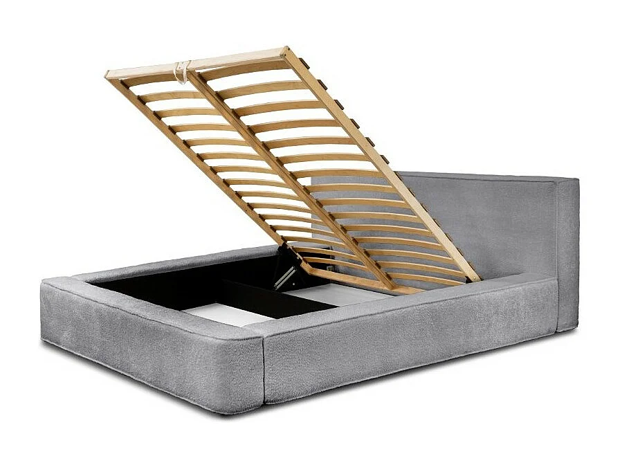 Lit coffre DENALI – Cinza pérola bouclé – 160x200 cm – Tecido de veludo macio – Estrado elevatório – Armazenamento integrado