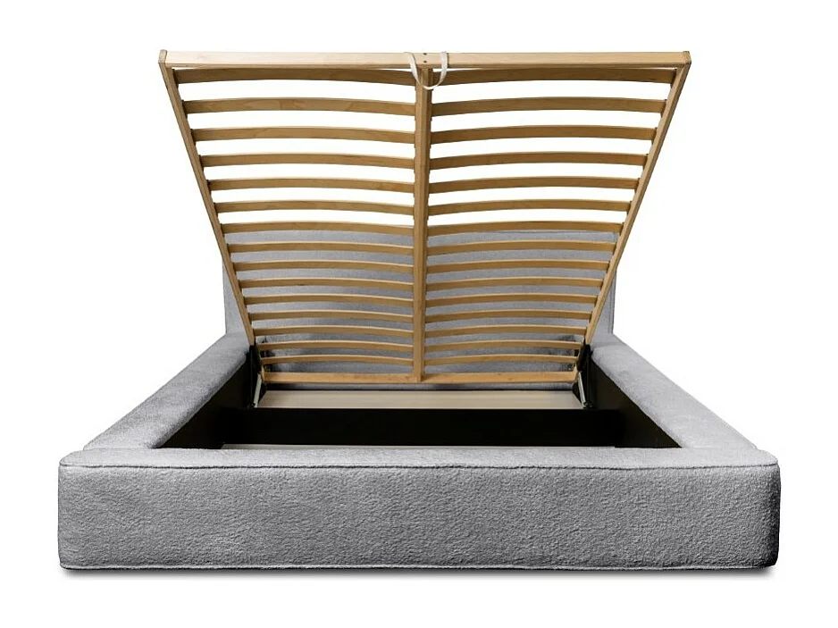 Lit coffre DENALI – Cinza pérola bouclé – 160x200 cm – Tecido de veludo macio – Estrado elevatório – Armazenamento integrado