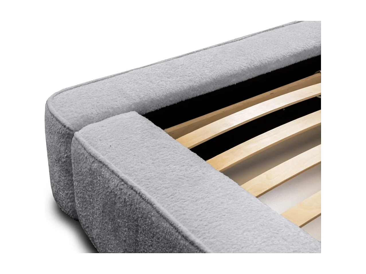 Lit coffre DENALI – Cinza pérola bouclé – 160x200 cm – Tecido de veludo macio – Estrado elevatório – Armazenamento integrado