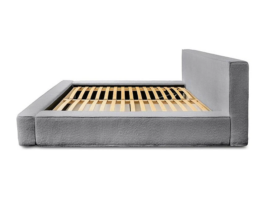 Lit coffre DENALI – Cinza pérola bouclé – 160x200 cm – Tecido de veludo macio – Estrado elevatório – Armazenamento integrado