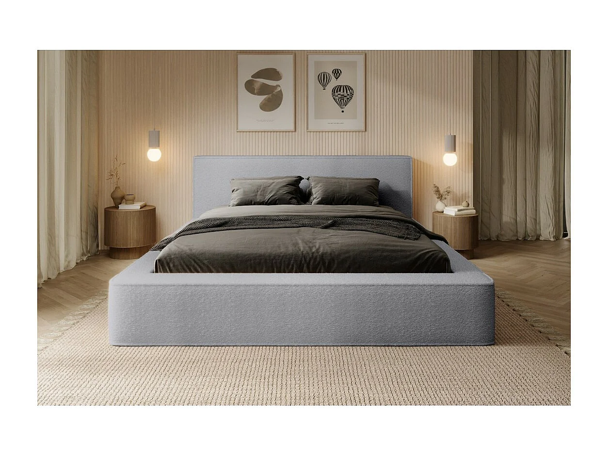 Lit coffre DENALI – Cinza pérola bouclé – 160x200 cm – Tecido de veludo macio – Estrado elevatório – Armazenamento integrado
