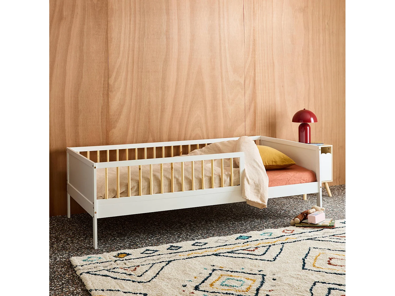 Cama infantil pino natural con somier de láminas incluido, 90cm blanco