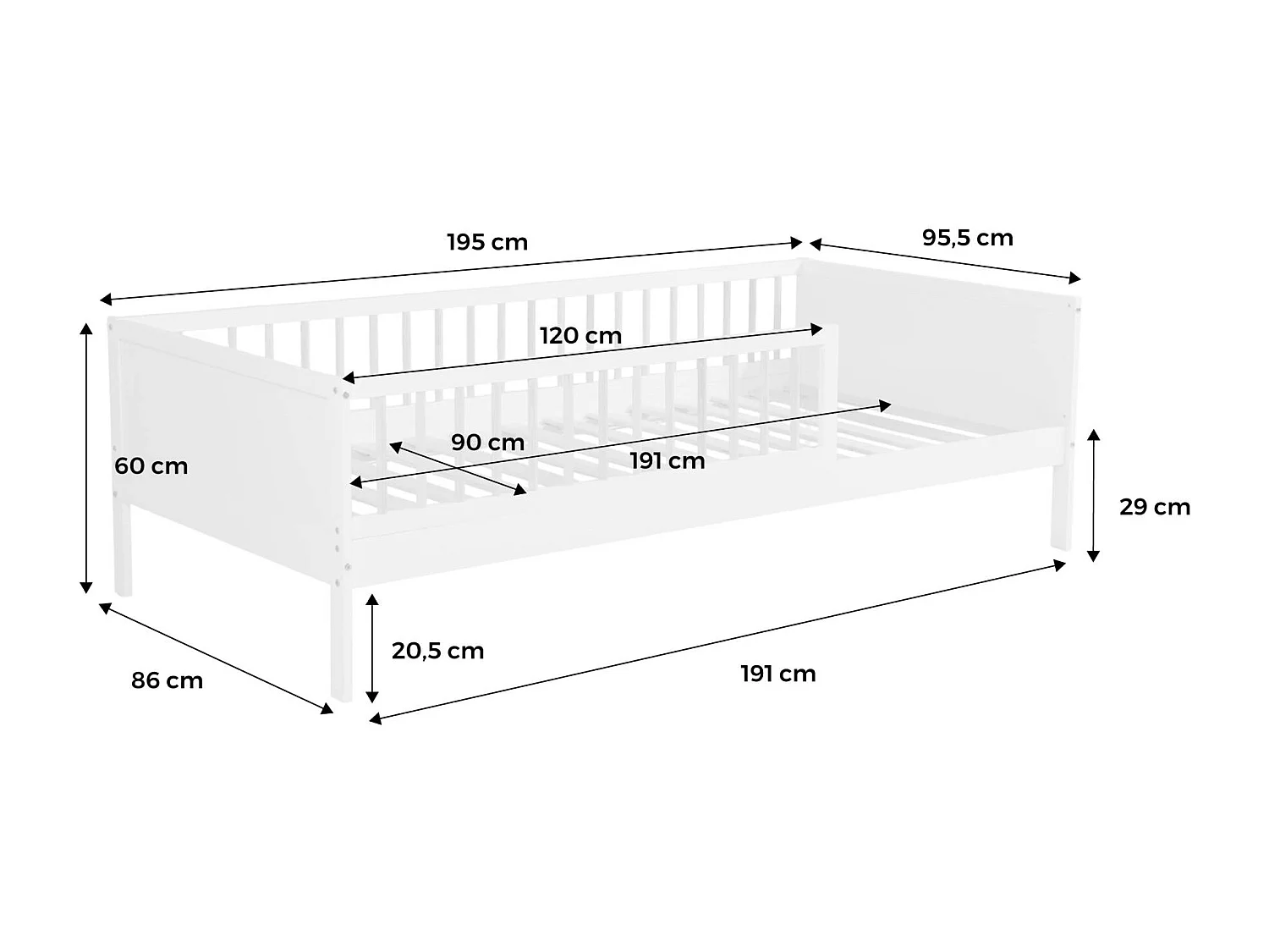 Cama infantil pino natural con somier de láminas incluido, 90cm blanco