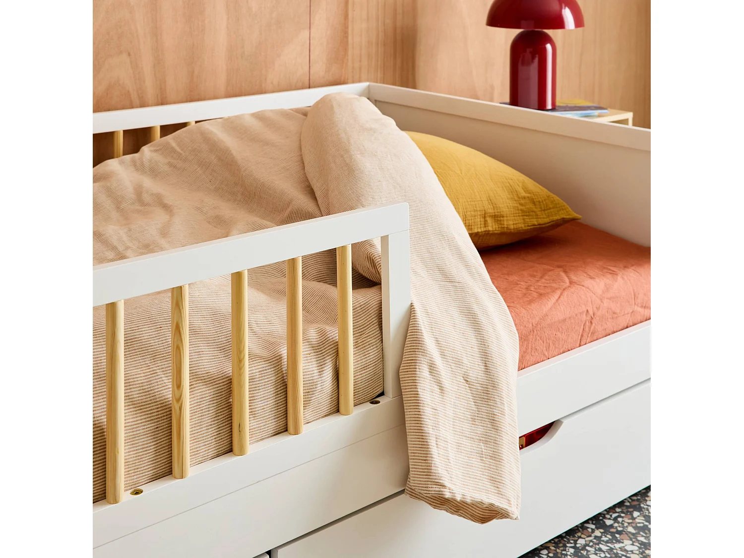 Cama infantil pino natural con somier de láminas incluido, 90cm blanco