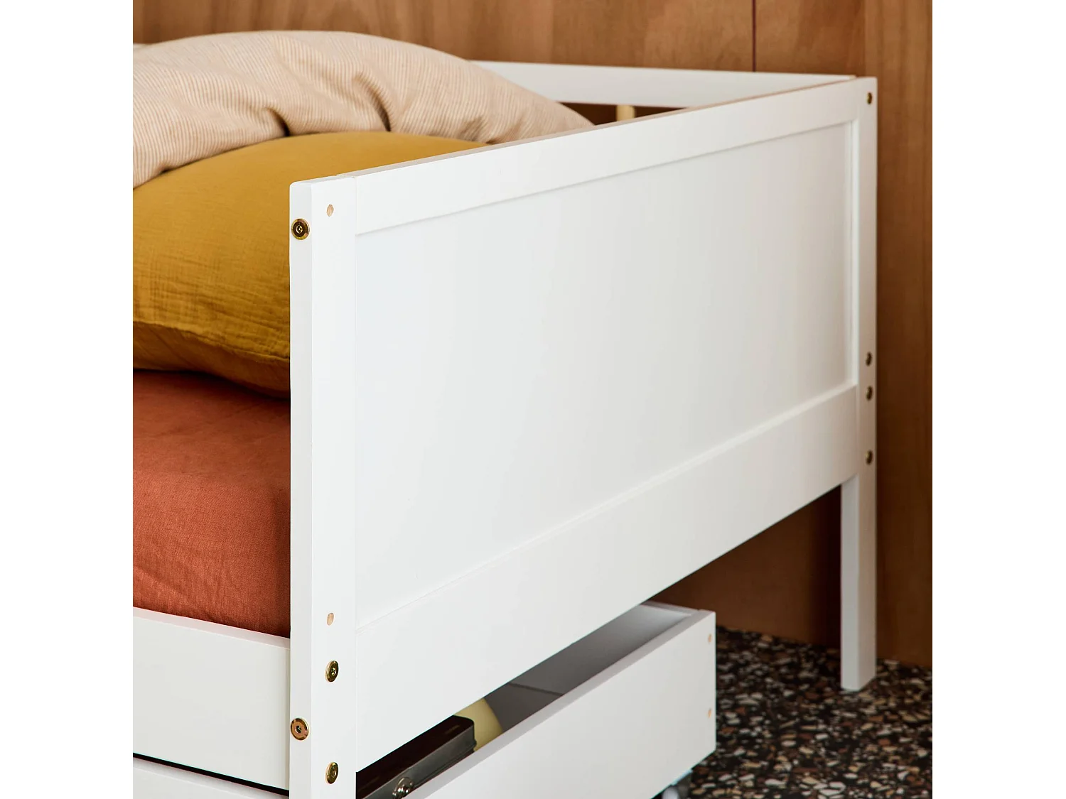Cama infantil pino natural con somier de láminas incluido, 90cm blanco