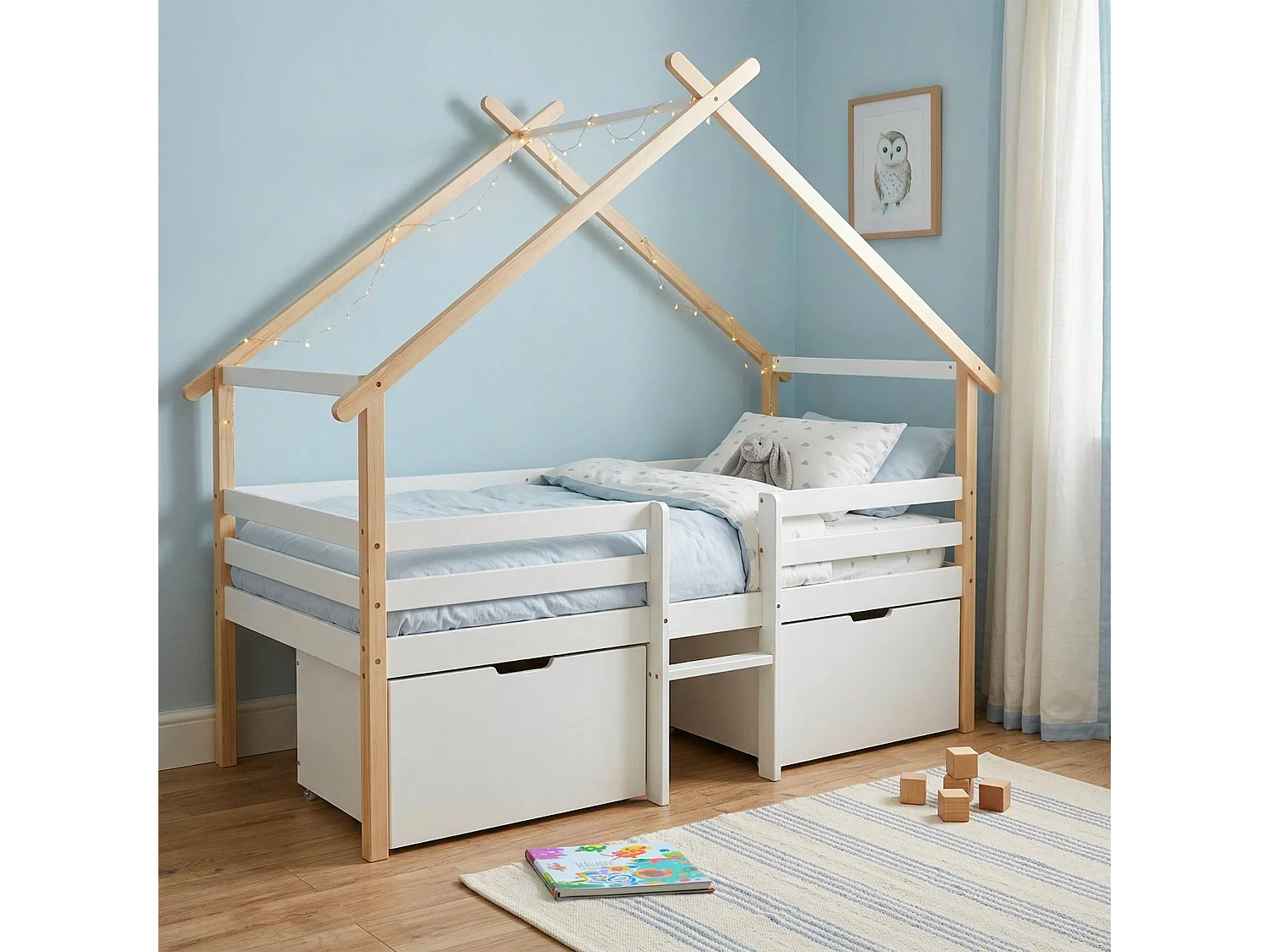 Cama infantil de madera de pino con somier incluido y 2 cajones, 90cm