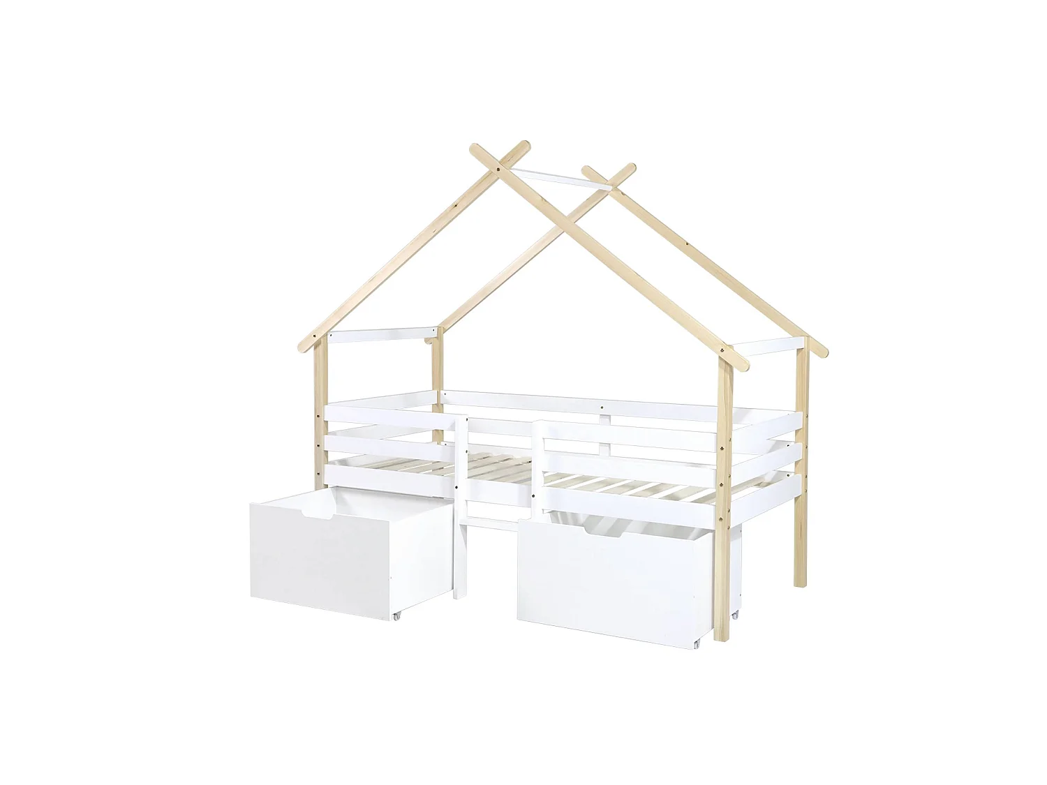 Cama infantil de madera de pino con somier incluido y 2 cajones, 90cm