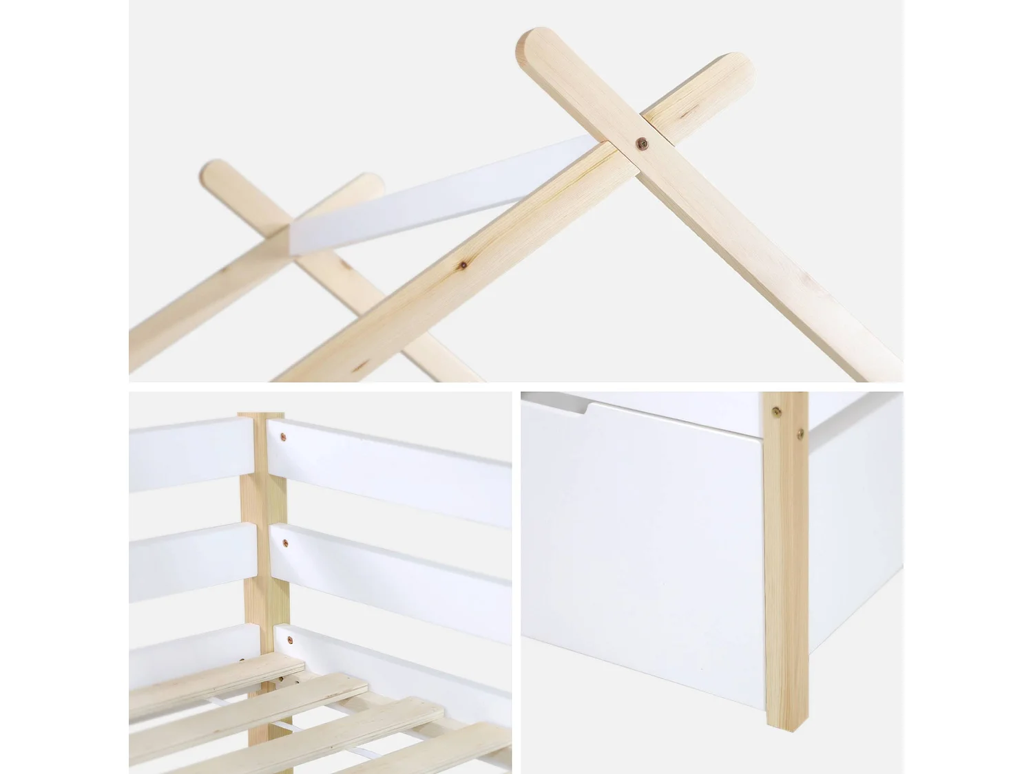 Cama infantil de madera de pino con somier incluido y 2 cajones, 90cm