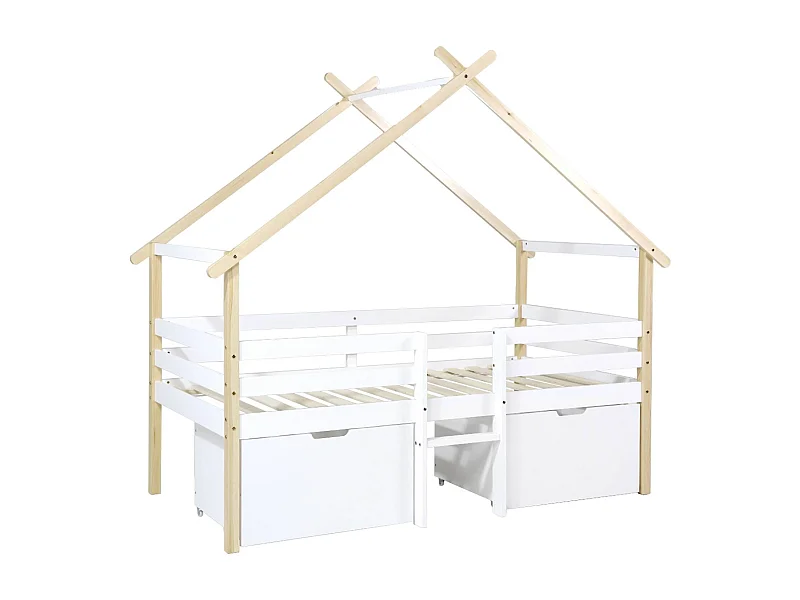 Cama infantil de madera de pino con somier incluido y 2 cajones, 90cm