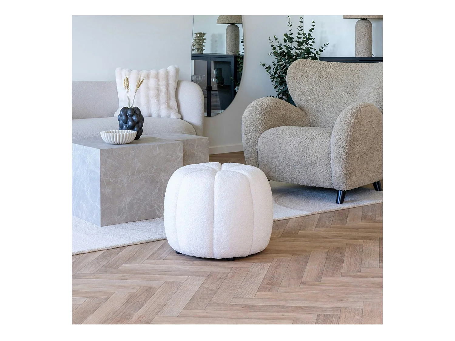 Pouf en tissu blanc cassé BERLIN