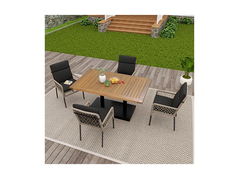 Salle à manger de jardin en fer galvanisé et bois : une table L.120 cm et 4 fauteuils avec coussin