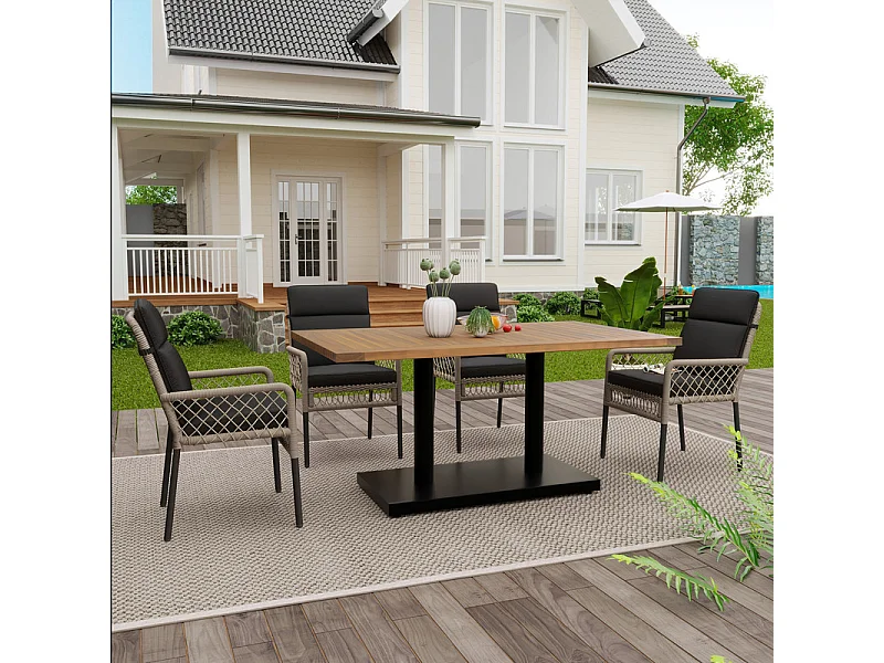 Salle à manger de jardin en fer galvanisé et bois : une table L.120 cm et 4 fauteuils avec coussin