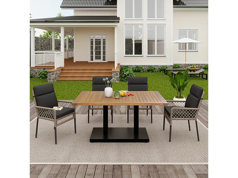 Salle à manger de jardin en fer galvanisé et bois : une table L.120 cm et 4 fauteuils avec coussin