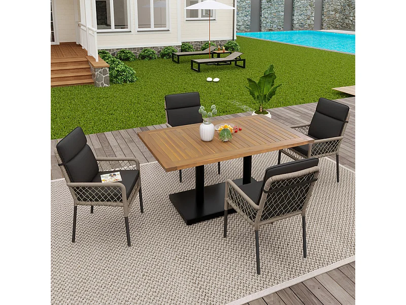 Salle à manger de jardin en fer galvanisé et bois : une table L.120 cm et 4 fauteuils avec coussin