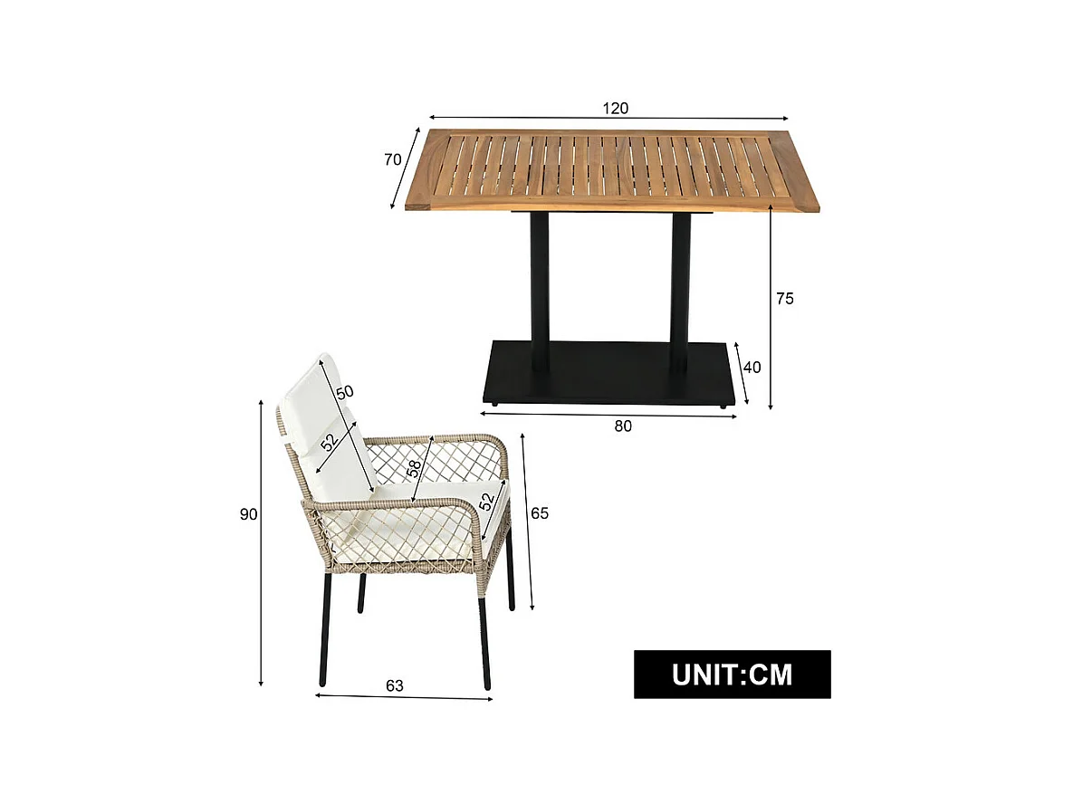 Comedor de jardín en hierro galvanizado y madera: mesa L.120 cm + 4 sillones con cojín