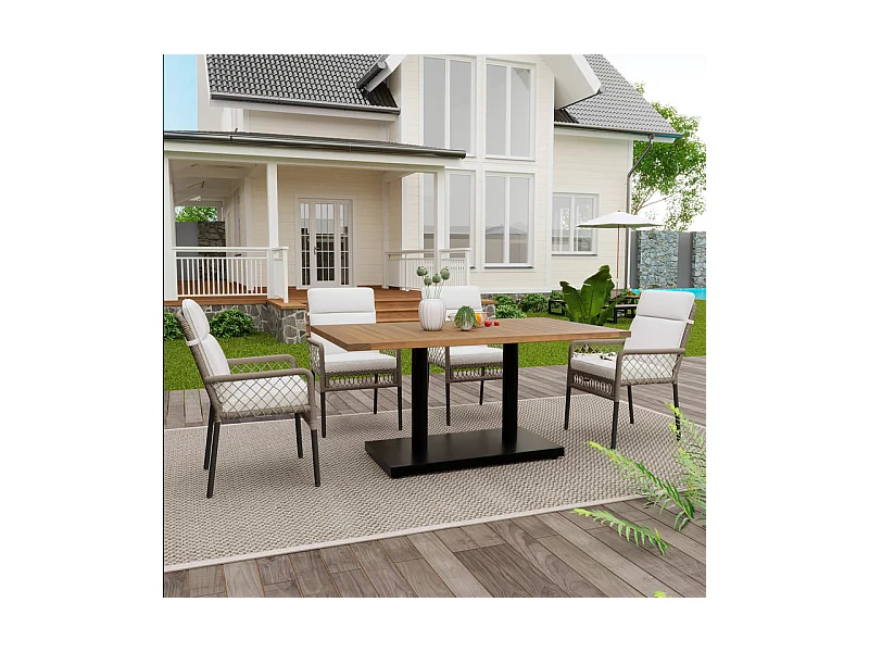 Comedor de jardín en hierro galvanizado y madera: mesa L.120 cm + 4 sillones con cojín