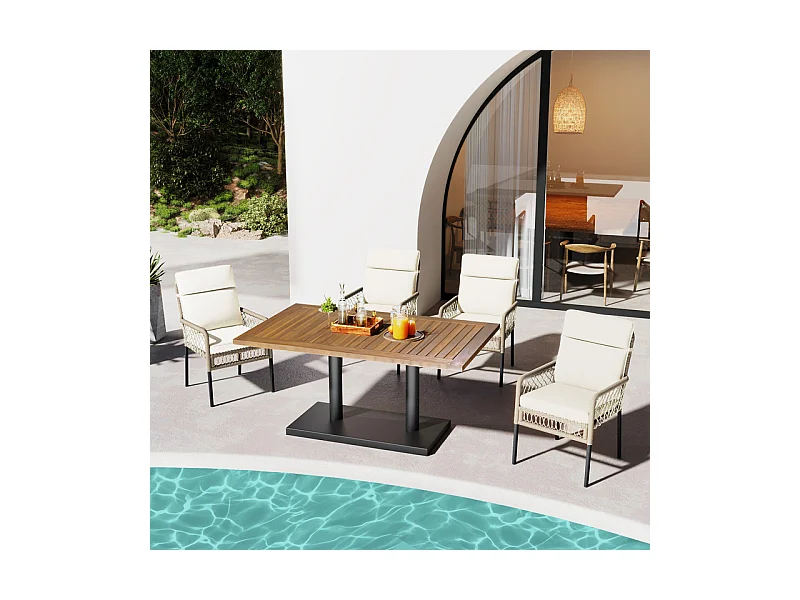 Comedor de jardín en hierro galvanizado y madera: mesa L.120 cm + 4 sillones con cojín