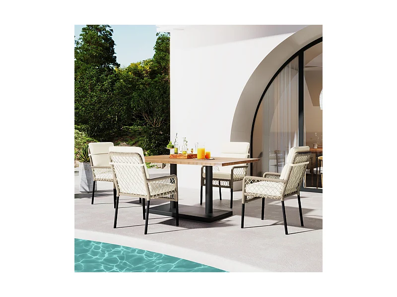Comedor de jardín en hierro galvanizado y madera: mesa L.120 cm + 4 sillones con cojín