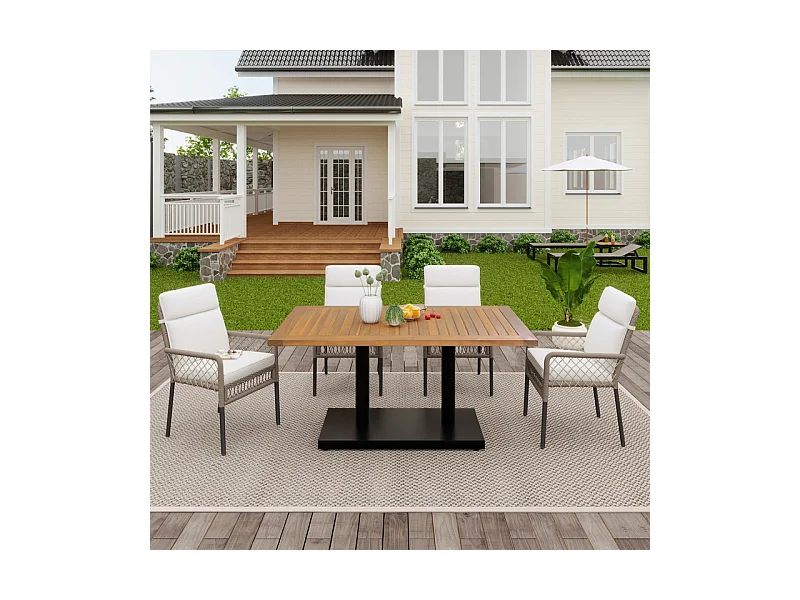 Comedor de jardín en hierro galvanizado y madera: mesa L.120 cm + 4 sillones con cojín