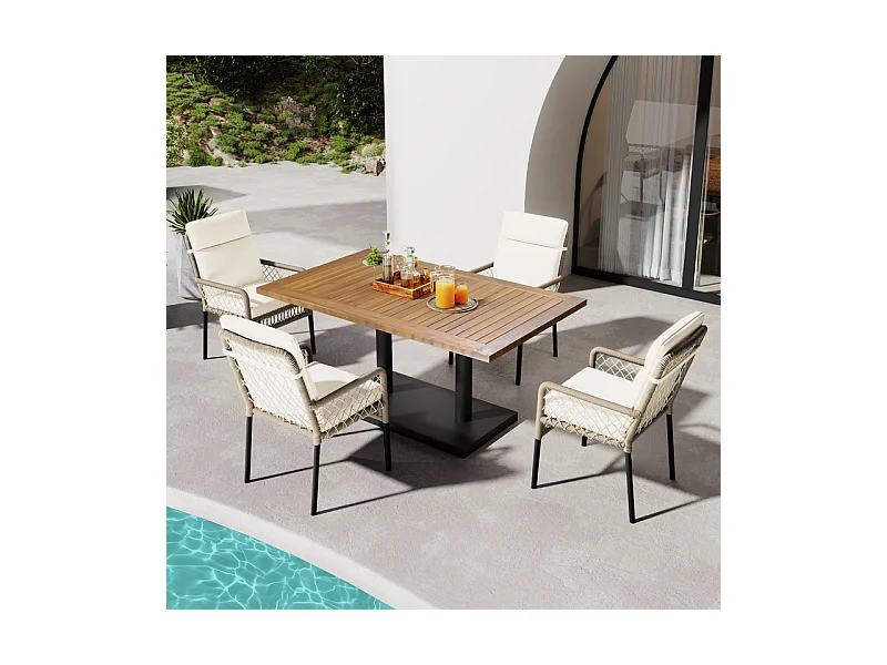 Comedor de jardín en hierro galvanizado y madera: mesa L.120 cm + 4 sillones con cojín
