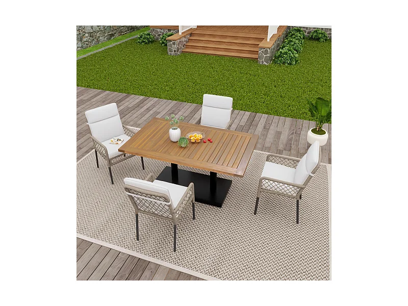 Garten-Esstisch aus verzinktem Eisen & Holz: Tisch 120 cm + 4 Sessel mit Kissen