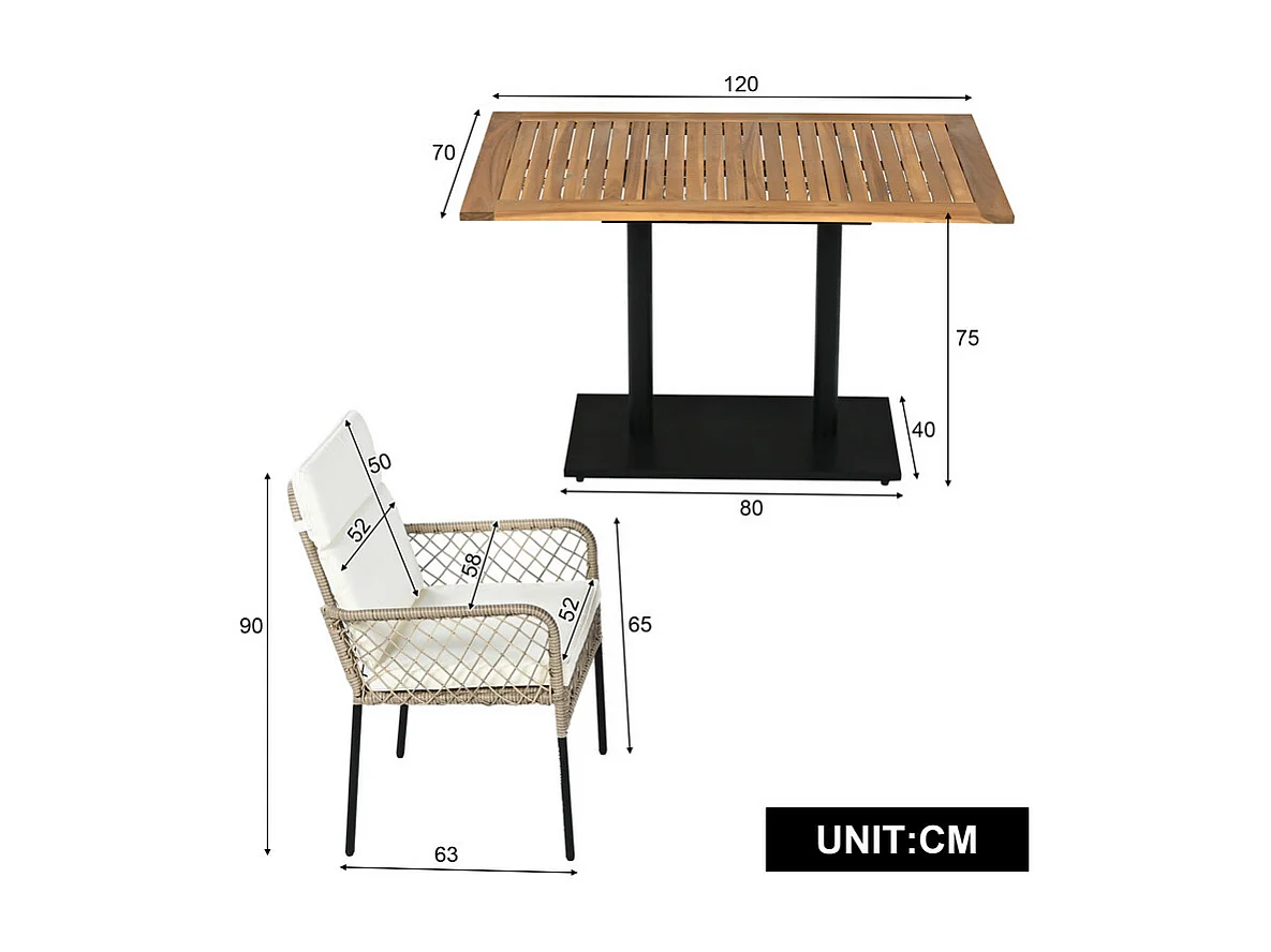 Salle à manger de jardin en fer galvanisé et bois : une table L.120 cm et 4 fauteuils avec coussin