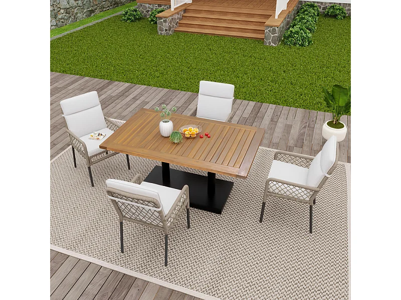 Garten-Esstisch aus verzinktem Eisen & Holz: Tisch 120 cm + 4 Sessel mit Kissen