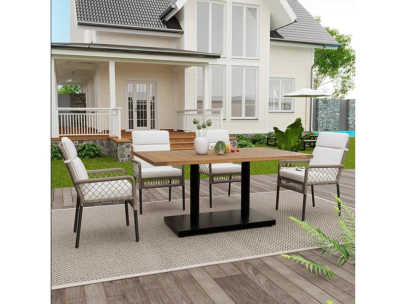 Garten-Esstisch aus verzinktem Eisen & Holz: Tisch 120 cm + 4 Sessel mit Kissen