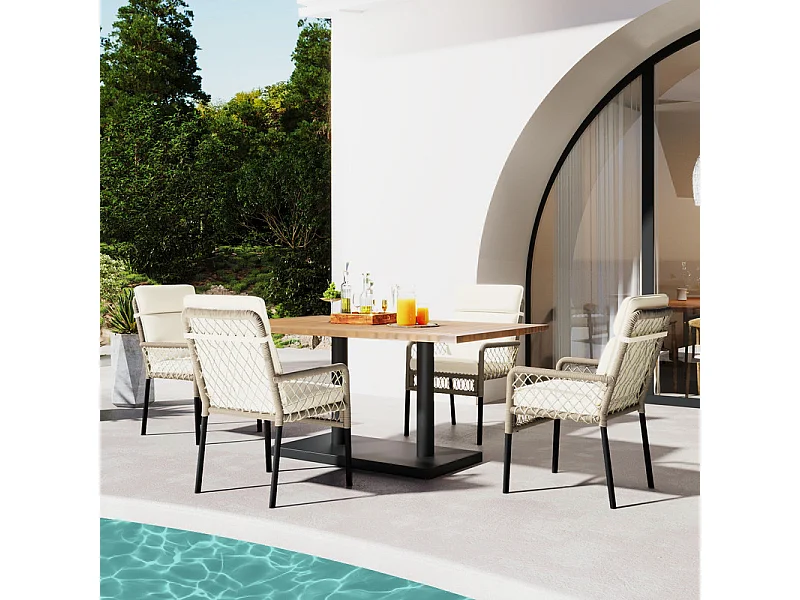 Garten-Esstisch aus verzinktem Eisen & Holz: Tisch 120 cm + 4 Sessel mit Kissen