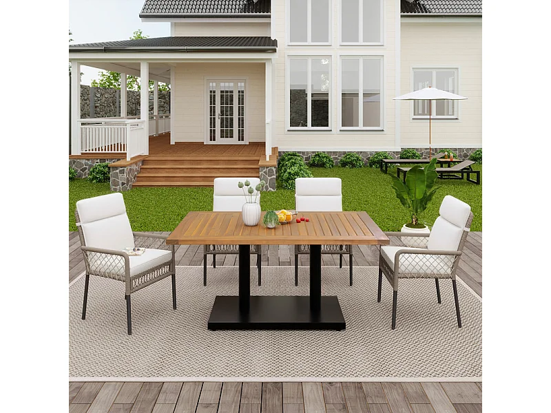 Garten-Esstisch aus verzinktem Eisen & Holz: Tisch 120 cm + 4 Sessel mit Kissen