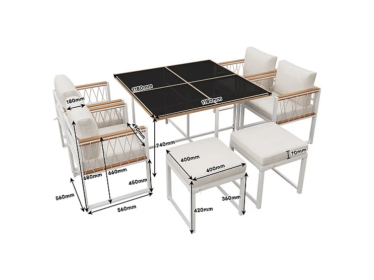 Salle à manger de jardin en métal - avec table en verre durci, 4 fauteuils et 2 pouf - Blanc et noir