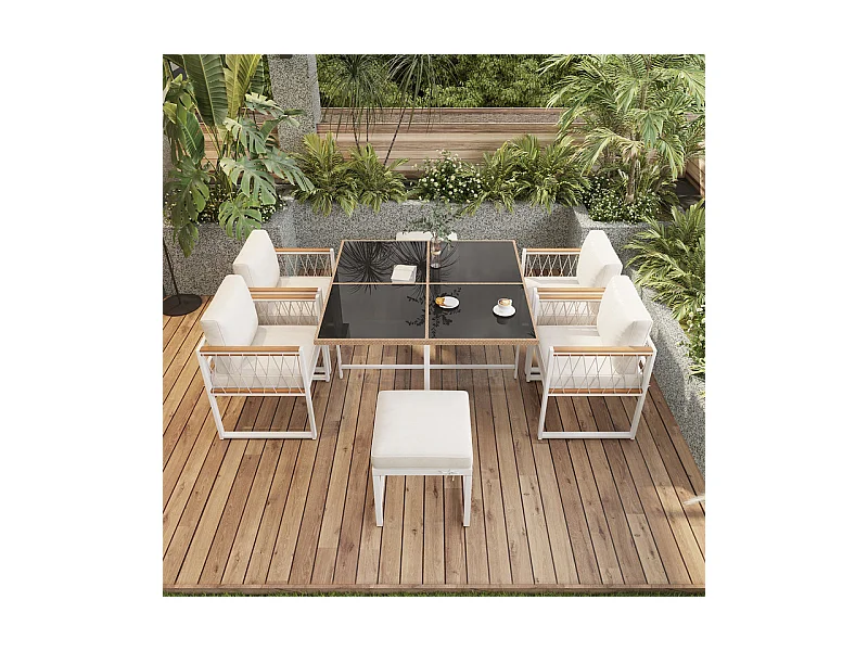 Salle à manger de jardin en métal - avec table en verre durci, 4 fauteuils et 2 pouf - Blanc et noir