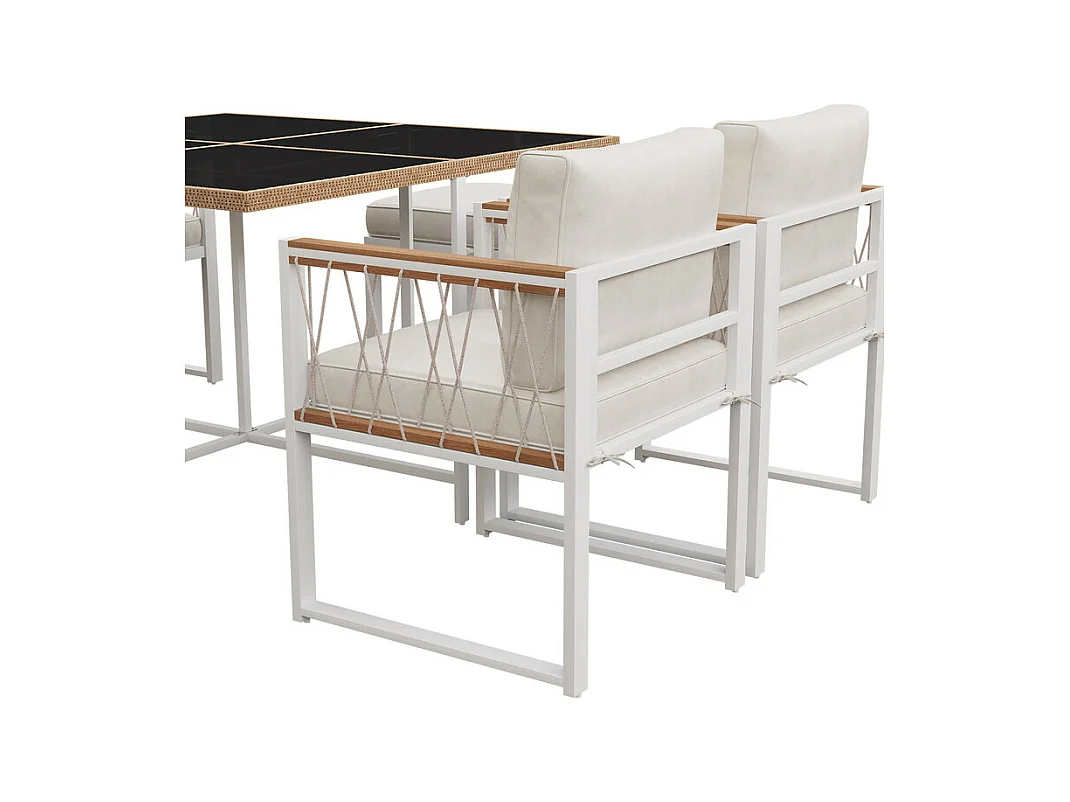 Salle à manger de jardin en métal - avec table en verre durci, 4 fauteuils et 2 pouf - Blanc et noir